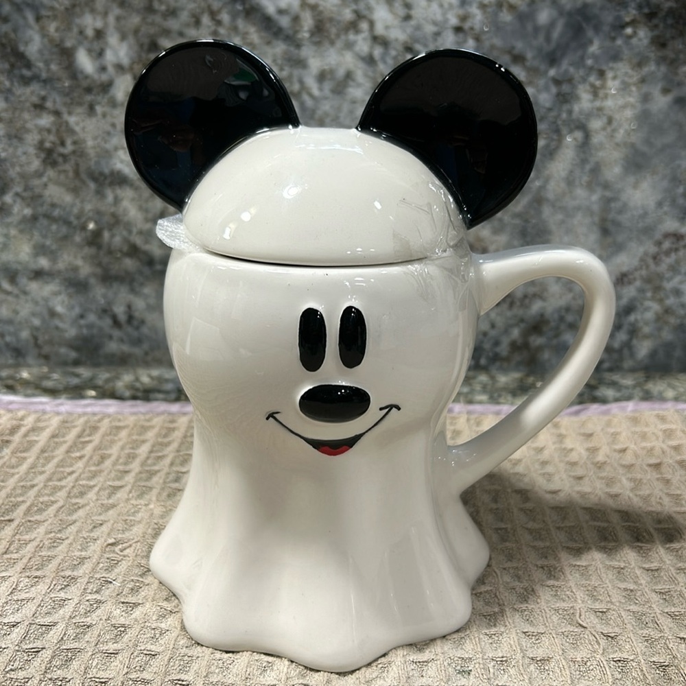 Disney Mickey Mouse Ghost Ceramic Mug with Lid | White & Black | NWT